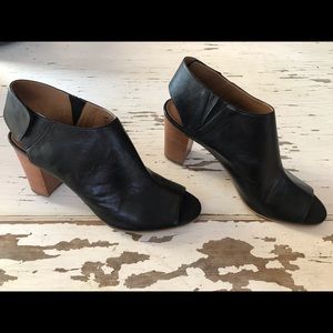 Black open toe stacked wood heels size 10